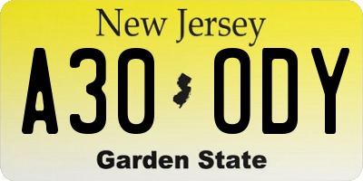 NJ license plate A30ODY