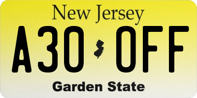 NJ license plate A30OFF