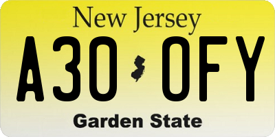 NJ license plate A30OFY