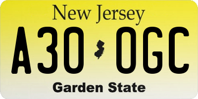 NJ license plate A30OGC