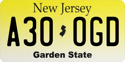 NJ license plate A30OGD