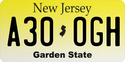 NJ license plate A30OGH