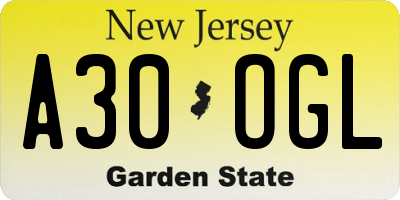 NJ license plate A30OGL