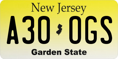 NJ license plate A30OGS