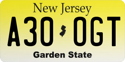 NJ license plate A30OGT