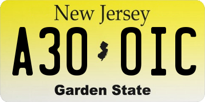NJ license plate A30OIC