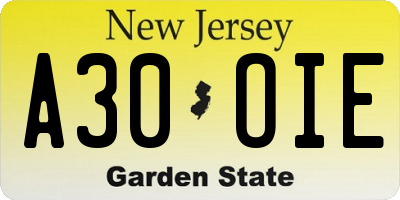 NJ license plate A30OIE