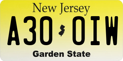 NJ license plate A30OIW