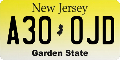 NJ license plate A30OJD