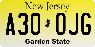 NJ license plate A30OJG