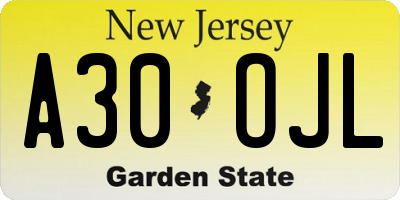 NJ license plate A30OJL