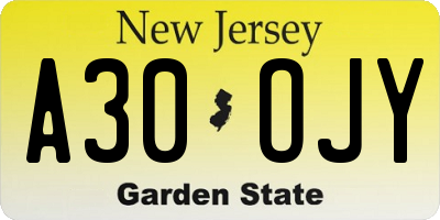 NJ license plate A30OJY