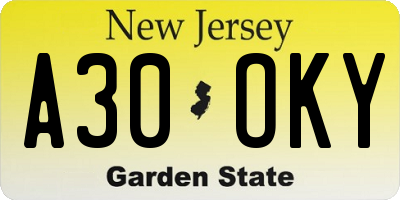 NJ license plate A30OKY