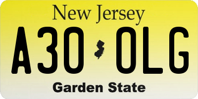 NJ license plate A30OLG