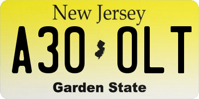 NJ license plate A30OLT
