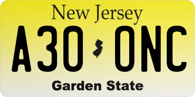 NJ license plate A30ONC