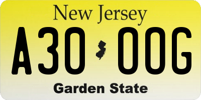 NJ license plate A30OOG