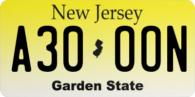 NJ license plate A30OON