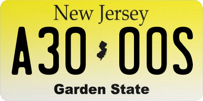 NJ license plate A30OOS