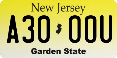 NJ license plate A30OOU