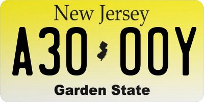 NJ license plate A30OOY
