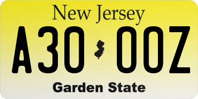 NJ license plate A30OOZ
