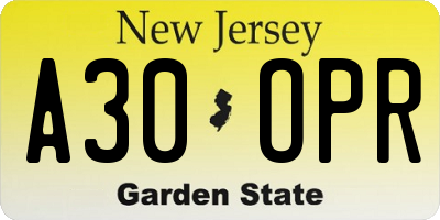 NJ license plate A30OPR