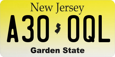 NJ license plate A30OQL