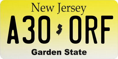 NJ license plate A30ORF