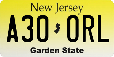 NJ license plate A30ORL