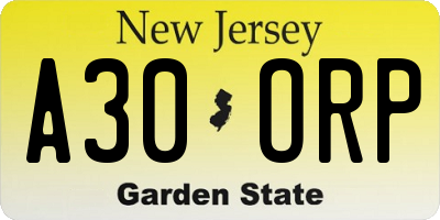 NJ license plate A30ORP