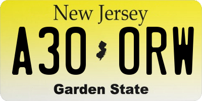 NJ license plate A30ORW