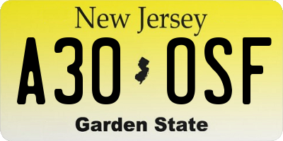 NJ license plate A30OSF