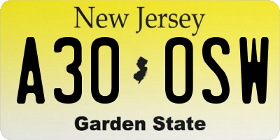 NJ license plate A30OSW