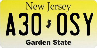NJ license plate A30OSY