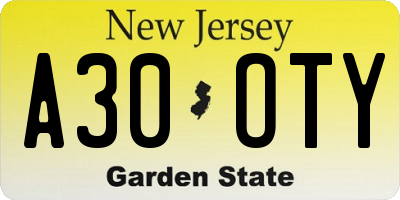NJ license plate A30OTY