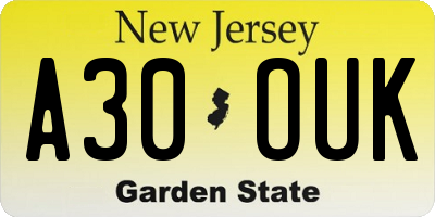 NJ license plate A30OUK