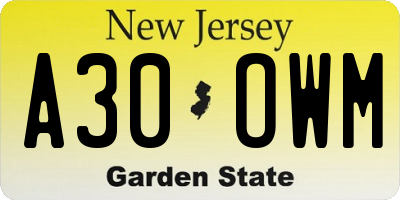 NJ license plate A30OWM