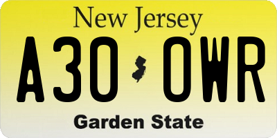 NJ license plate A30OWR