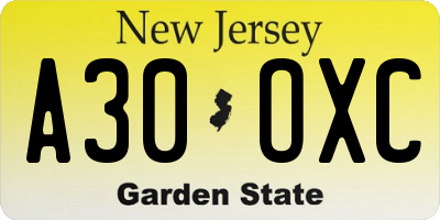 NJ license plate A30OXC