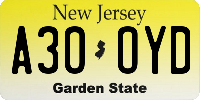 NJ license plate A30OYD
