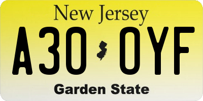 NJ license plate A30OYF