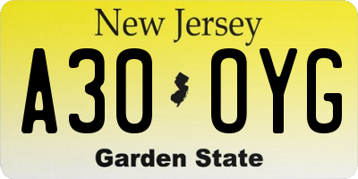 NJ license plate A30OYG
