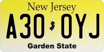 NJ license plate A30OYJ