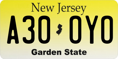 NJ license plate A30OYO