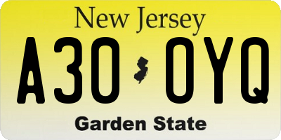 NJ license plate A30OYQ
