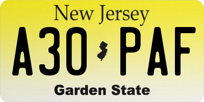 NJ license plate A30PAF