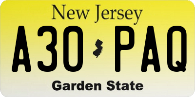 NJ license plate A30PAQ
