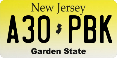 NJ license plate A30PBK