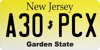 NJ license plate A30PCX